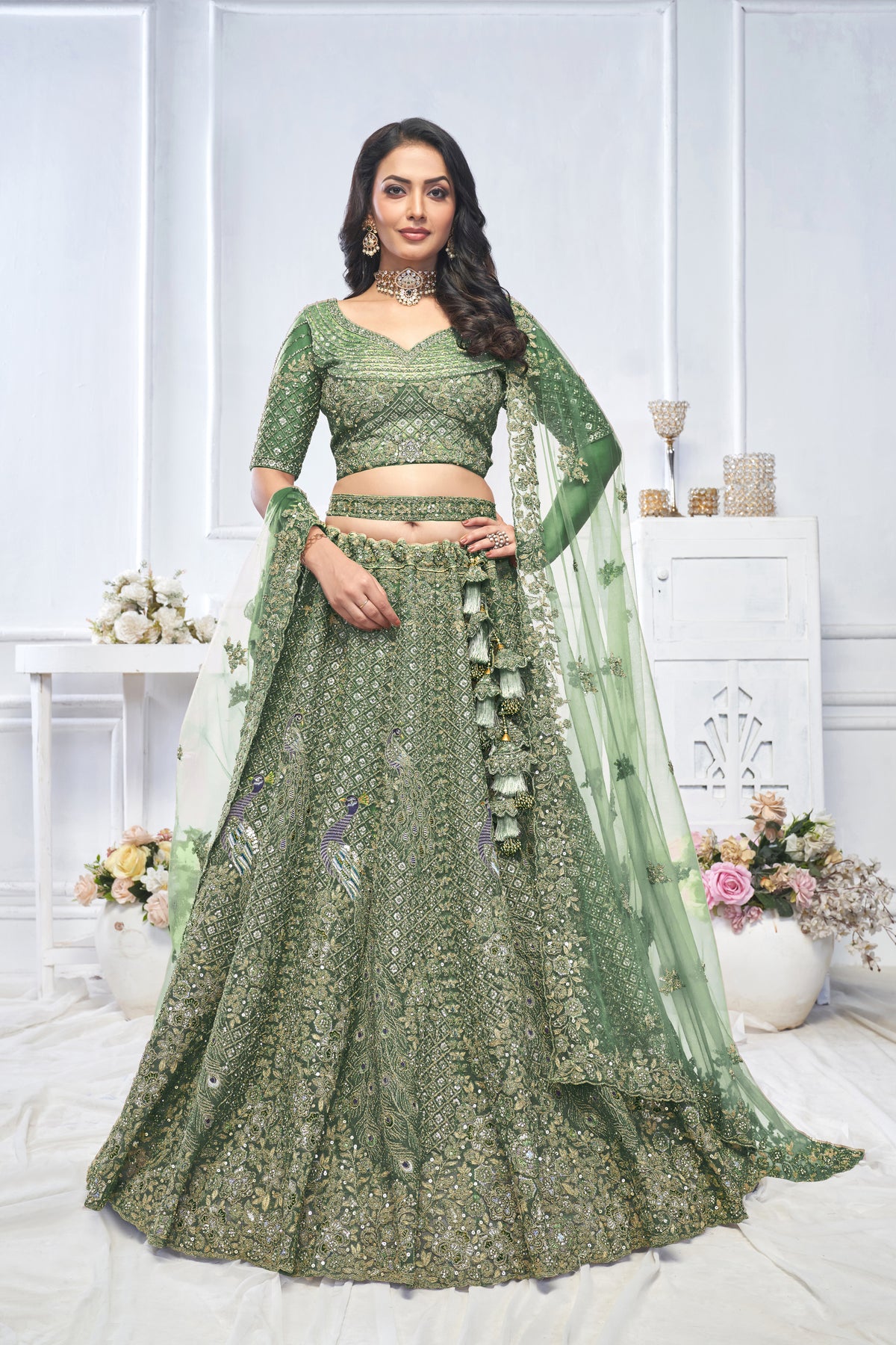 Royal Green Net Lehenga Set with Peacock & Paisley Work