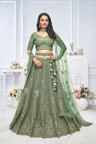 Royal Green Net Lehenga Set with Peacock & Paisley Work