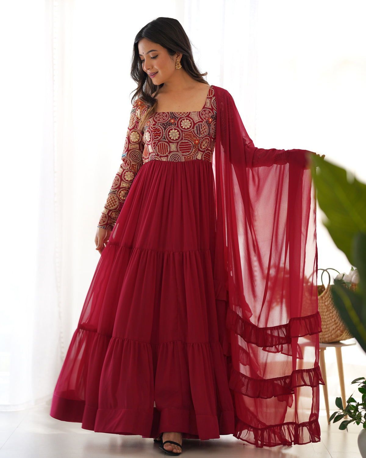 Maroon Pure Fox Georgette Anarkali Suit with Dupatta & Pant