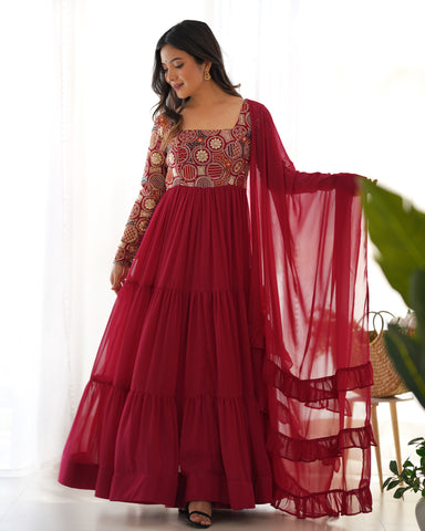 Maroon Pure Fox Georgette Anarkali Suit with Dupatta & Pant
