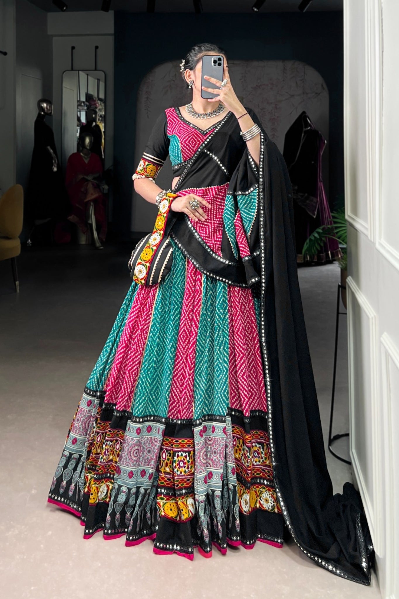 Navratri Special Pure Rayon Lehenga Choli With Ajrakh Print, Gamthi & Gota Patti Work