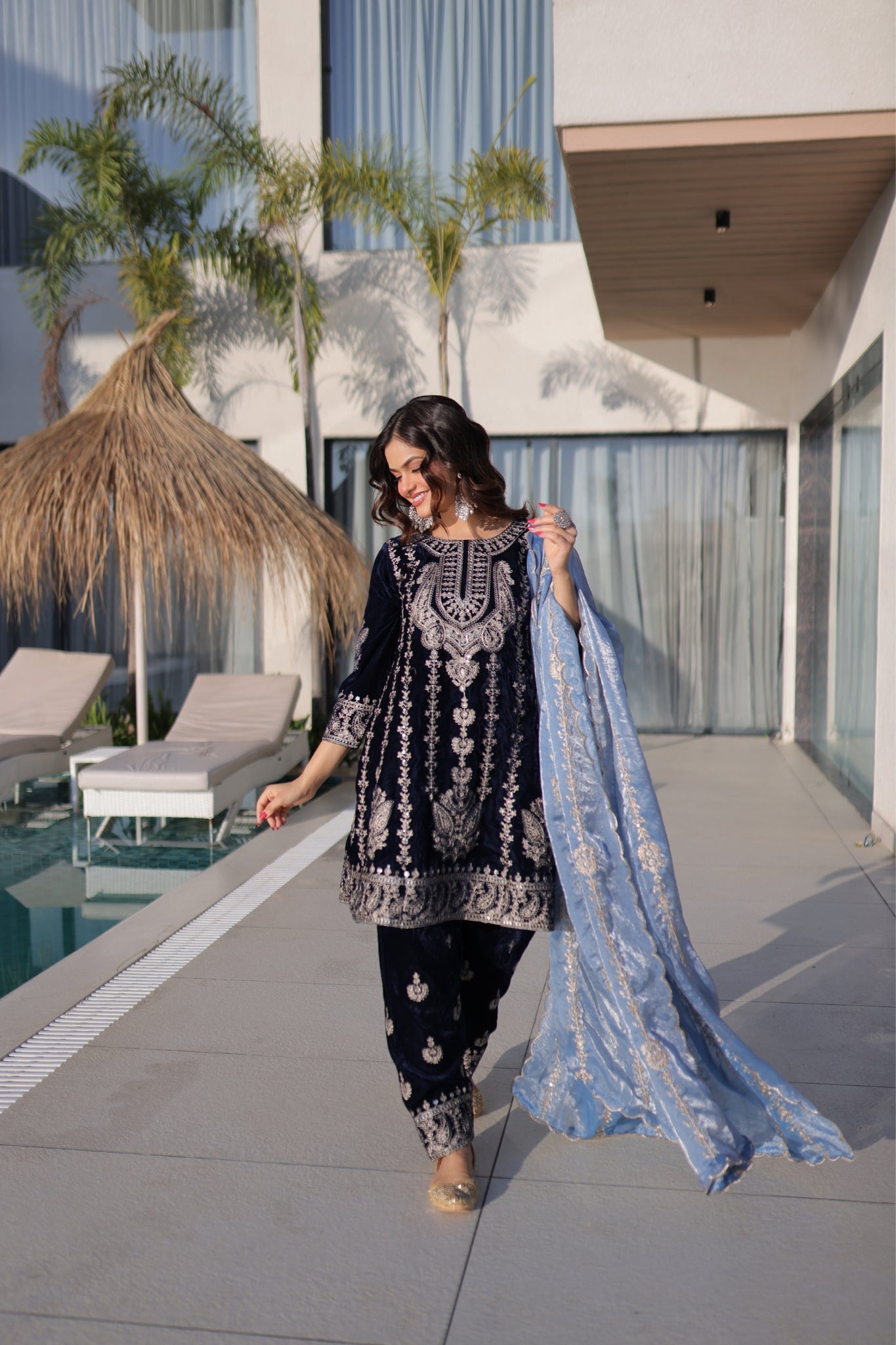 Luxury Designer Velvet Zari Embroidered Suit Set With Fendi Dupatta