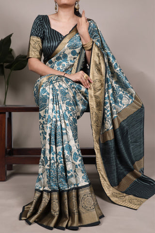 Tasar Silk Printed With Viscose Border Beautiful Saree