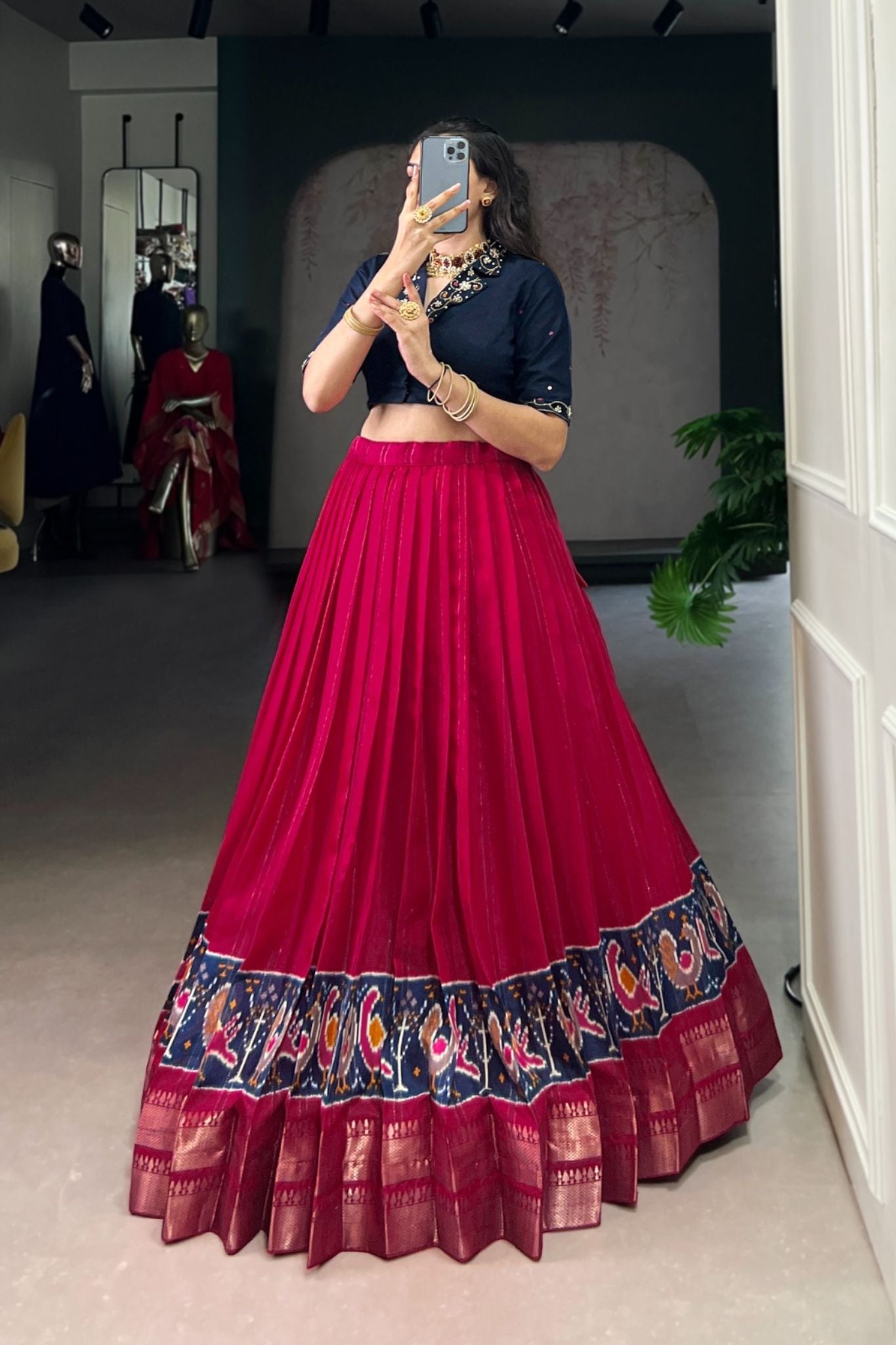 Ready-to-Wear Zari Woven Poly-Cotton Lehenga with Hand-Embroidered Cotton Blouse