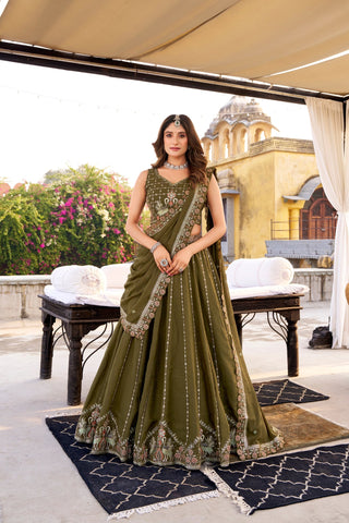 Regal Olive Green Embroidered Bridesmaid Lehenga Choli