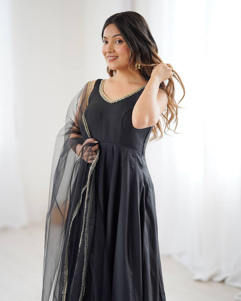 Black Color Chanderi Pure Roman Silk Anarkali Suit