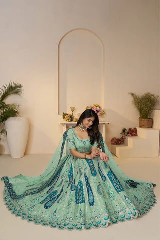 Sky Color Peacock Designer Banarasi Silk Lehenga Choli Set