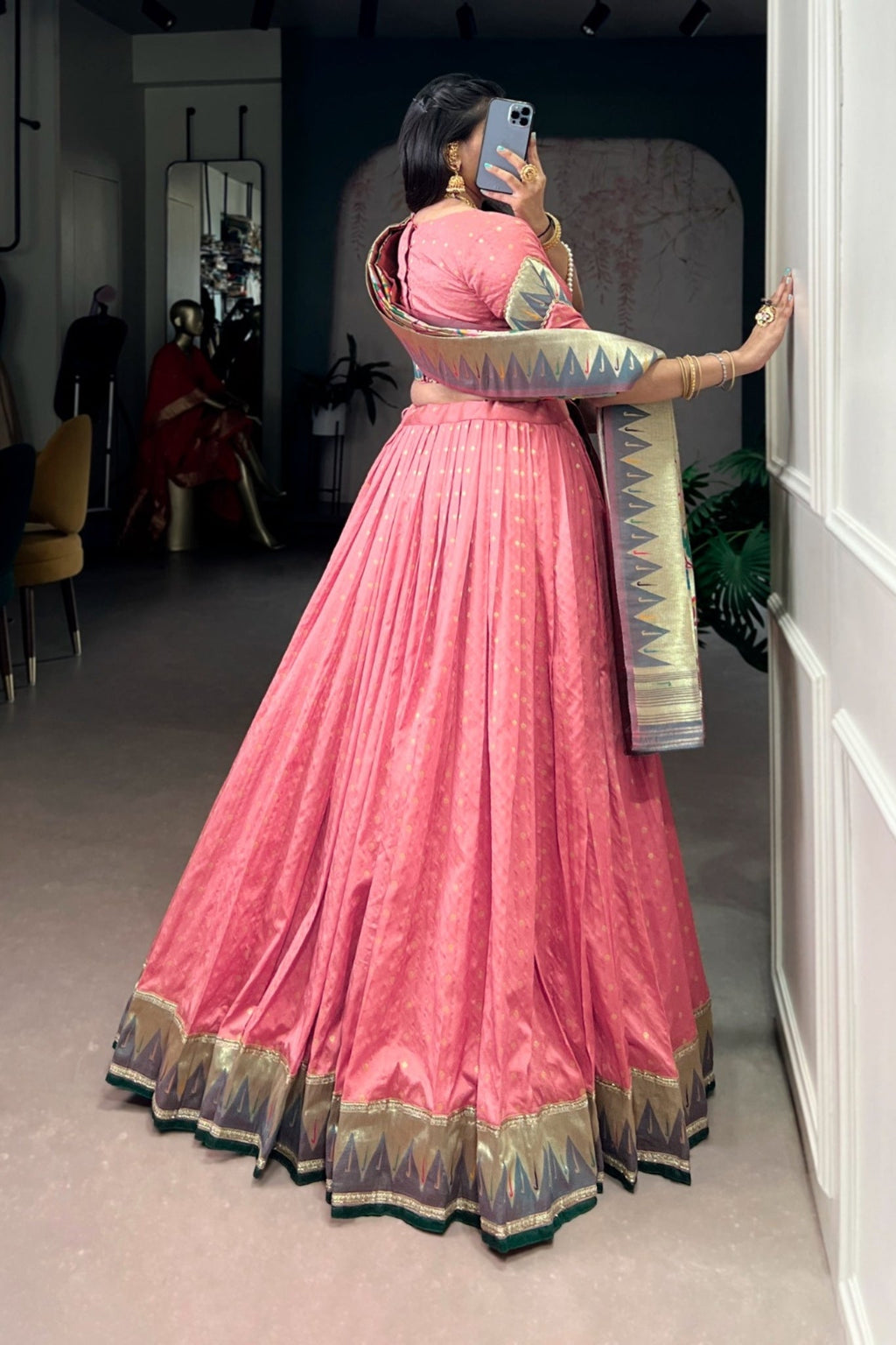 Designer Silk Paithani Lehenga Choli Set With Zari Weaving
