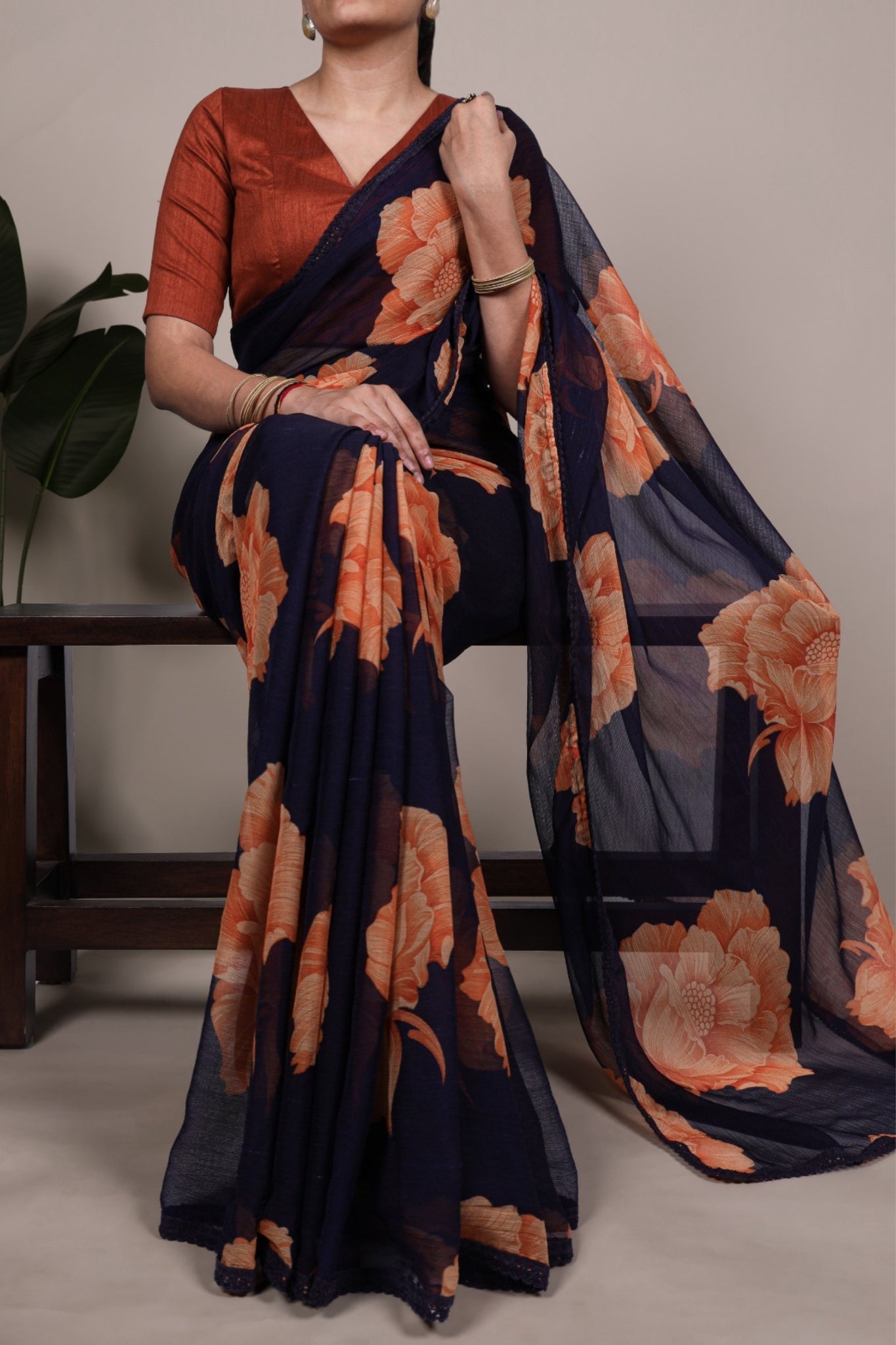 Floral Chiffon Saree With Lace Border Explore Acriine Ethnic Collection