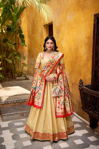 Designer Silk Paithani Lehenga Choli Set With Zari Weaving