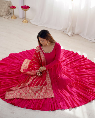 Pink Roman Silk Chanderi Fabric Fully Flared Anarkali Suit With Pent and Dupatta Set