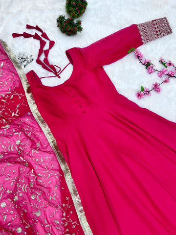 Rani Pink Color Pure Faux Georgette Kurti With Huge Flair Comes With Duppatta & Pant