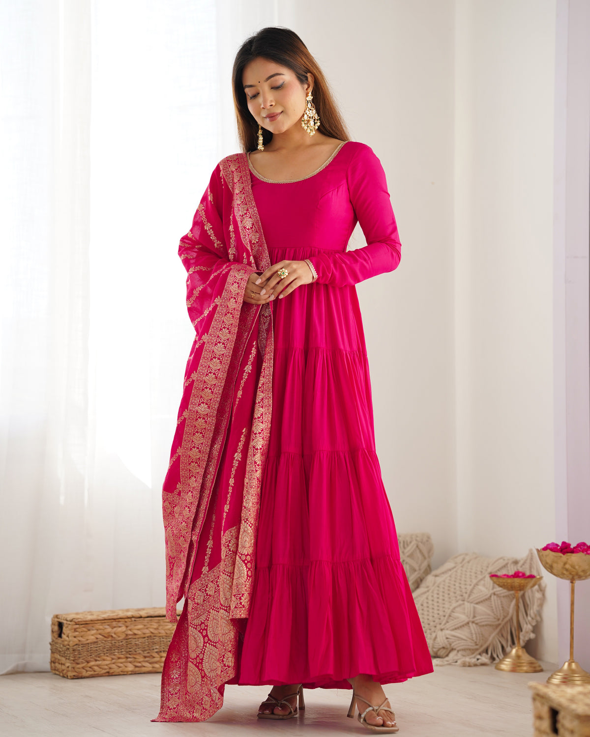 Pink Roman Silk Chanderi Fabric Fully Flared Anarkali Suit With Pent and Dupatta Set