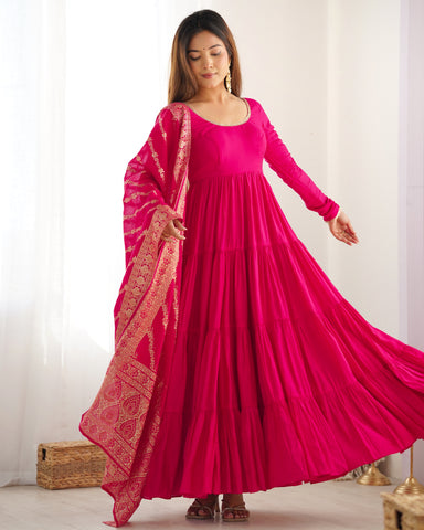 Pink Roman Silk Chanderi Fabric Fully Flared Anarkali Suit With Pent and Dupatta Set