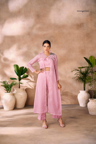 Baby Pink Premium Organza Co Ord Set With Handcrafted Floral Embellishments