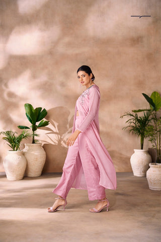 Baby Pink Premium Organza Co Ord Set With Handcrafted Floral Embellishments