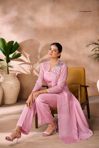 Baby Pink Premium Organza Co Ord Set With Handcrafted Floral Embellishments