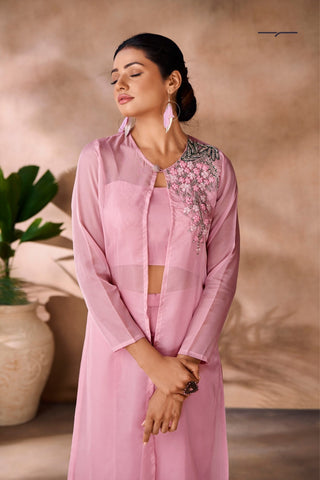 Baby Pink Premium Organza Co Ord Set With Handcrafted Floral Embellishments