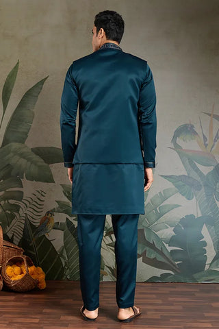 Teal Blue Embroidered Kurta Koti Set for Men