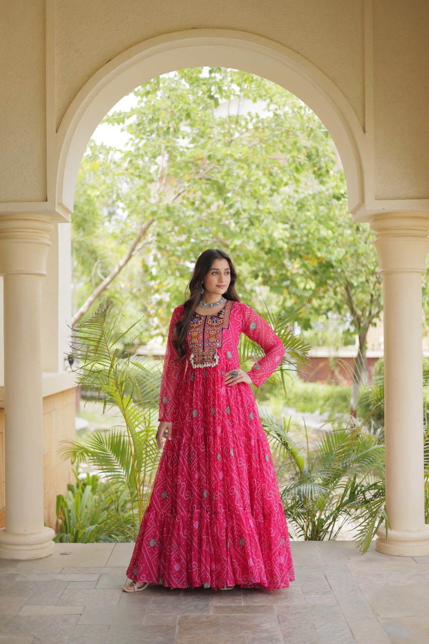 Faux Georgette Bandhani Kutchi Gown | Tulip Designer
