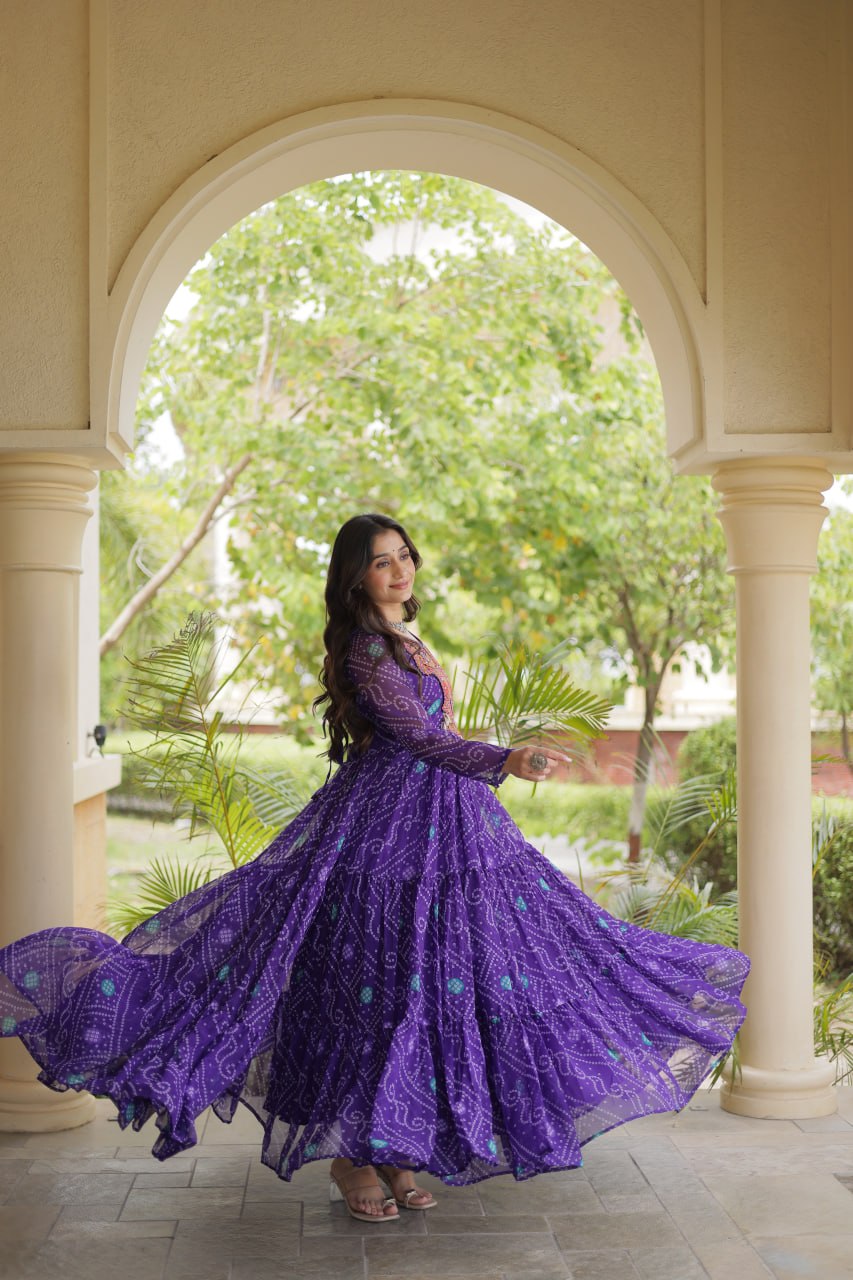Faux Georgette Bandhani Kutchi Gown | Tulip Designer
