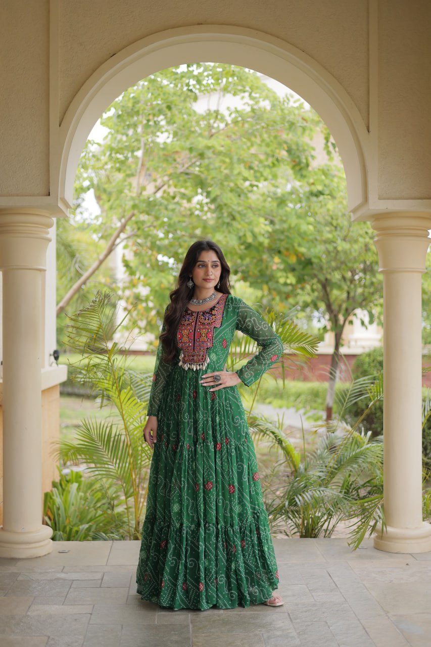 Faux Georgette Bandhani Kutchi Gown | Tulip Designer
