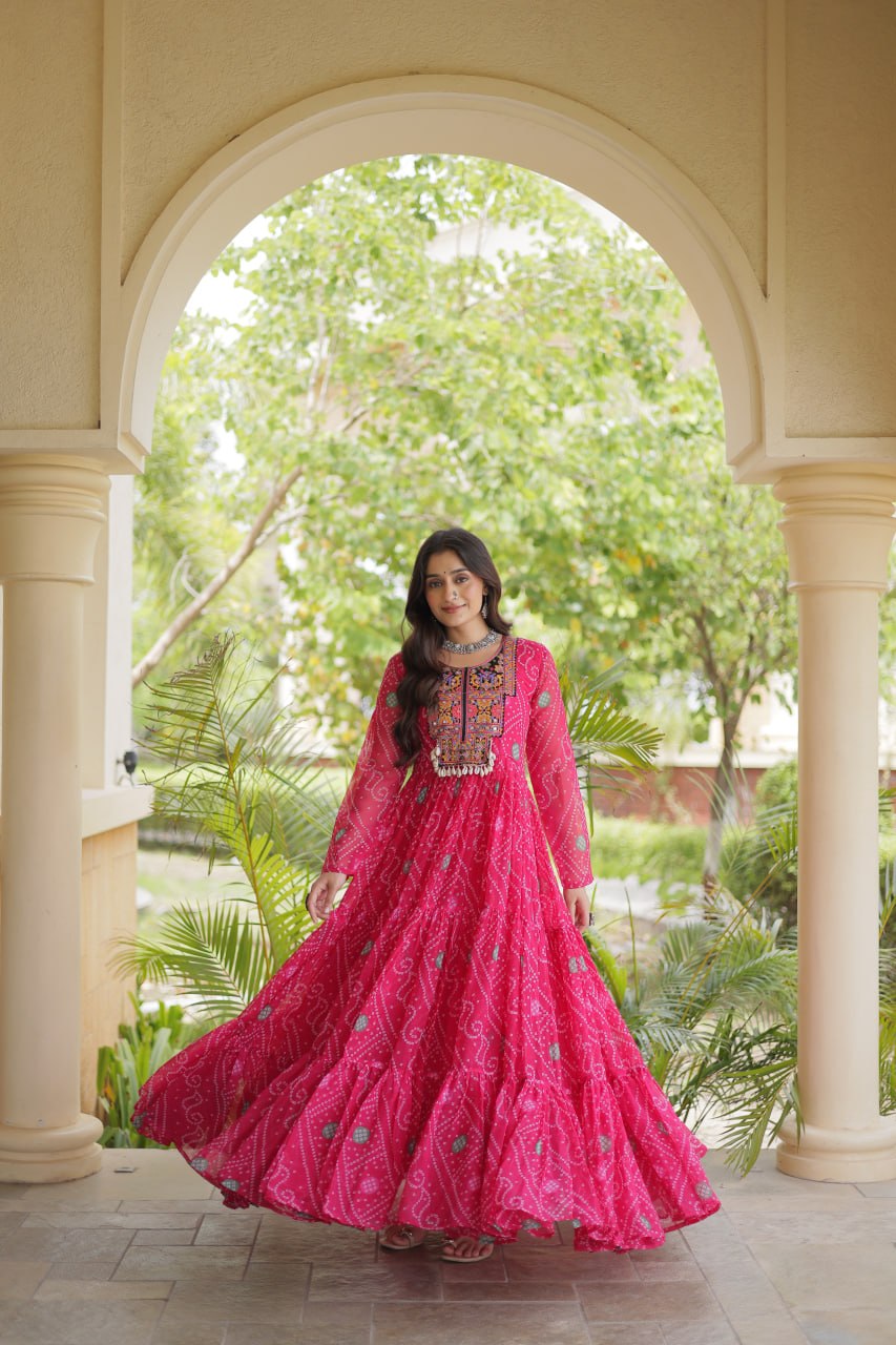 Faux Georgette Bandhani Kutchi Gown | Tulip Designer
