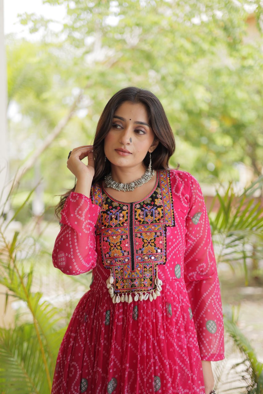Faux Georgette Bandhani Kutchi Gown | Tulip Designer
