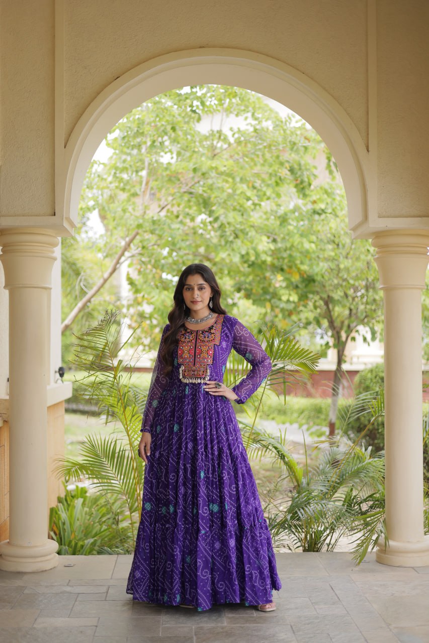 Faux Georgette Bandhani Kutchi Gown | Tulip Designer
