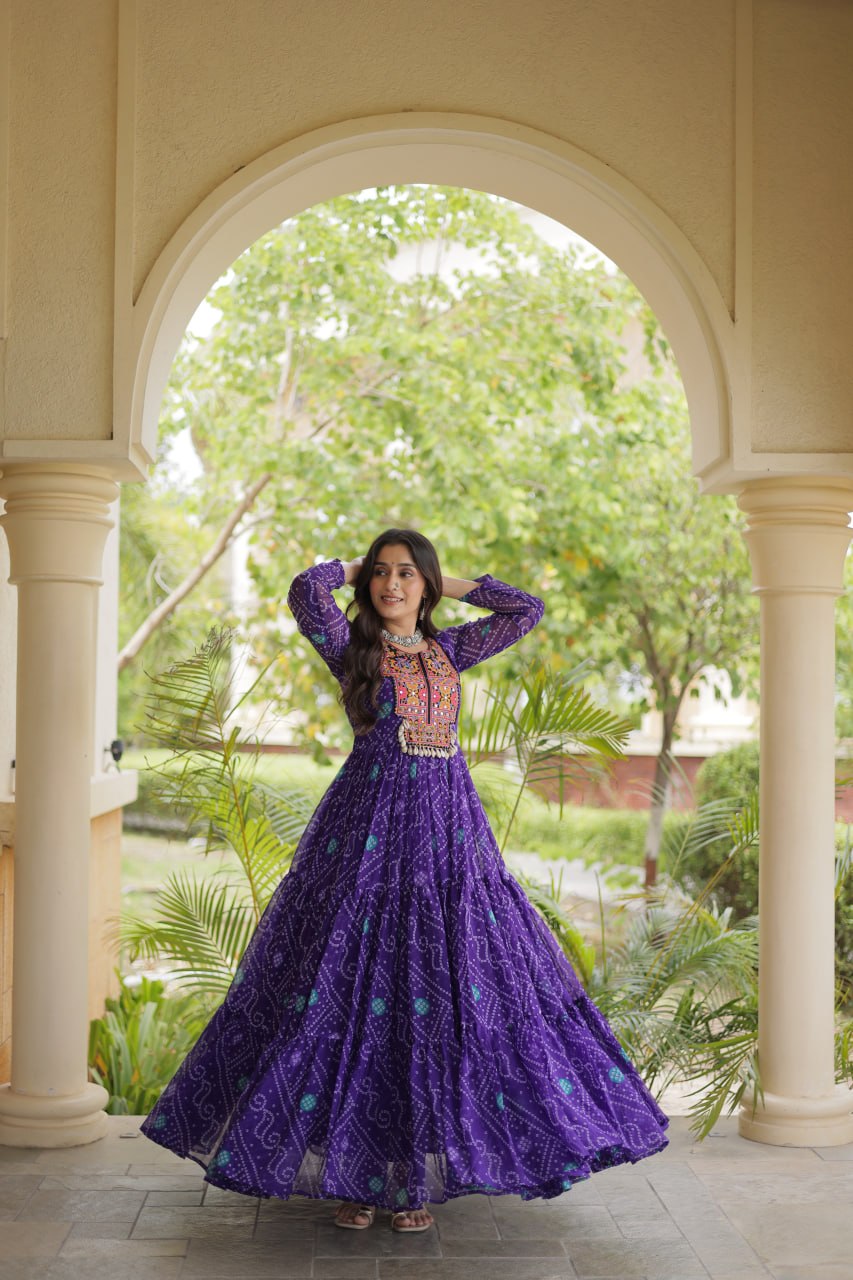 Faux Georgette Bandhani Kutchi Gown | Tulip Designer

