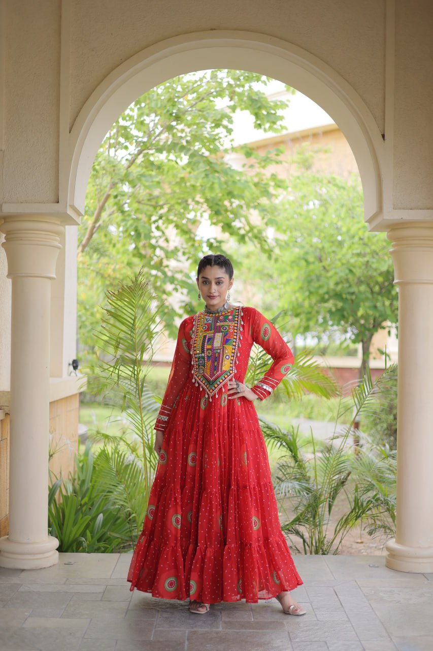 Festive Wear Faux Georgette Bandhani Print Kutchi Patchwork Gown
