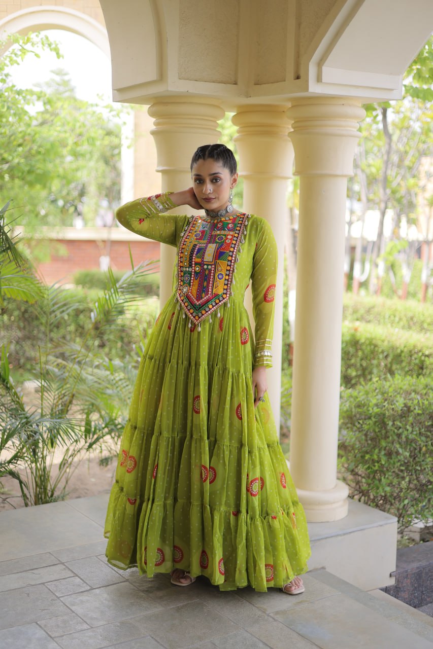 Festive Wear Faux Georgette Bandhani Print Kutchi Patchwork Gown
