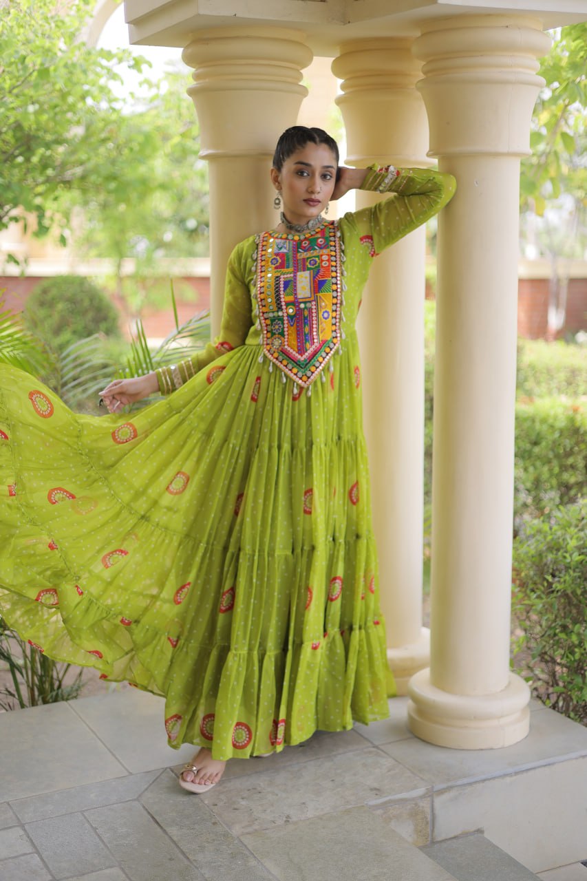Festive Wear Faux Georgette Bandhani Print Kutchi Patchwork Gown
