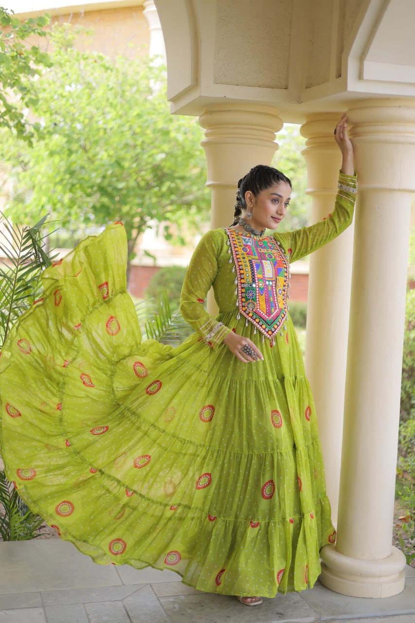 Festive Wear Faux Georgette Bandhani Print Kutchi Patchwork Gown
