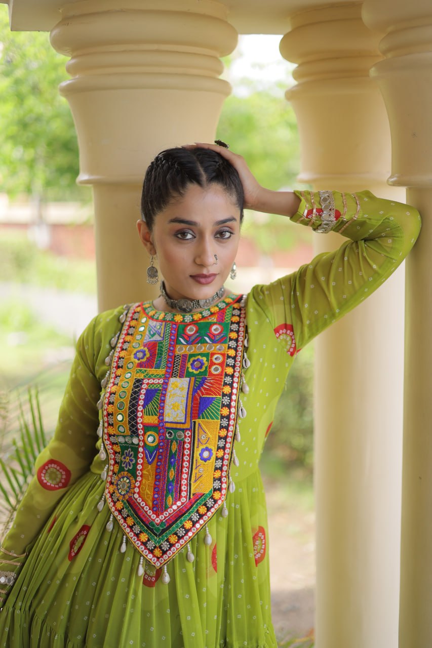 Festive Wear Faux Georgette Bandhani Print Kutchi Patchwork Gown
