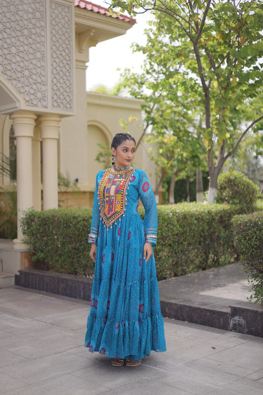 Festive Wear Faux Georgette Bandhani Print Kutchi Patchwork Gown
