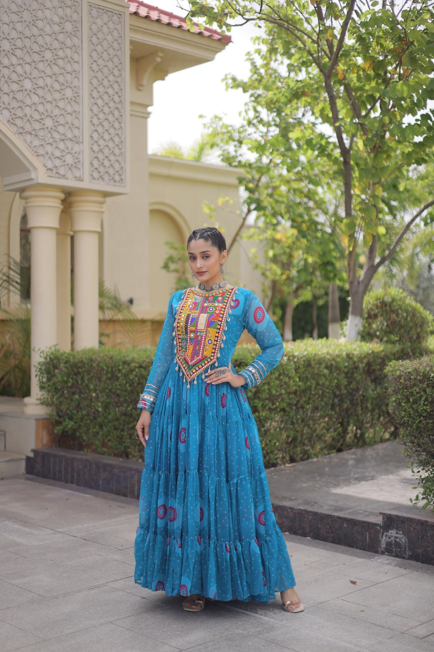 Festive Wear Faux Georgette Bandhani Print Kutchi Patchwork Gown
