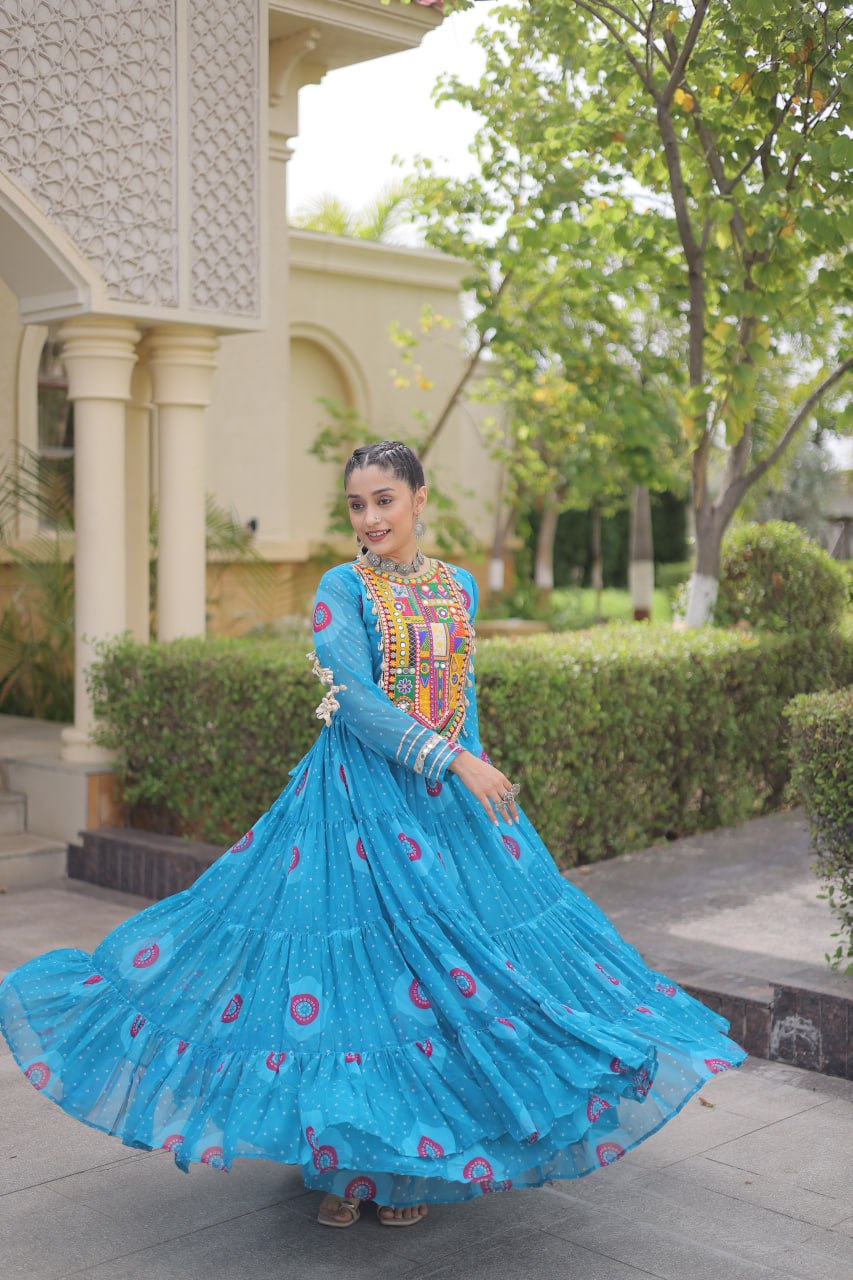 Festive Wear Faux Georgette Bandhani Print Kutchi Patchwork Gown
