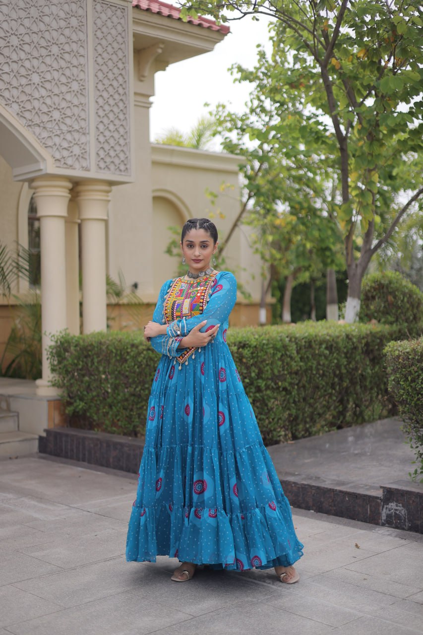 Festive Wear Faux Georgette Bandhani Print Kutchi Patchwork Gown
