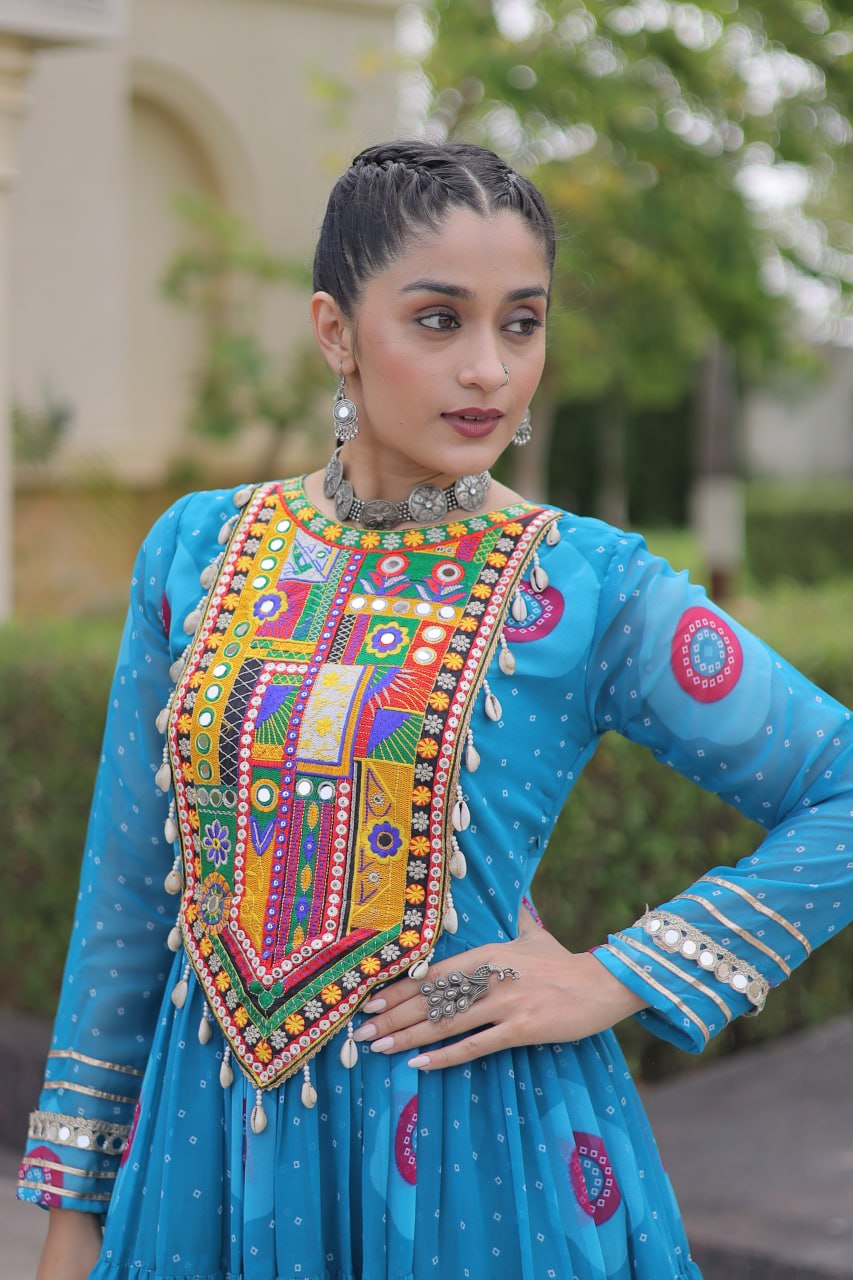 Festive Wear Faux Georgette Bandhani Print Kutchi Patchwork Gown
