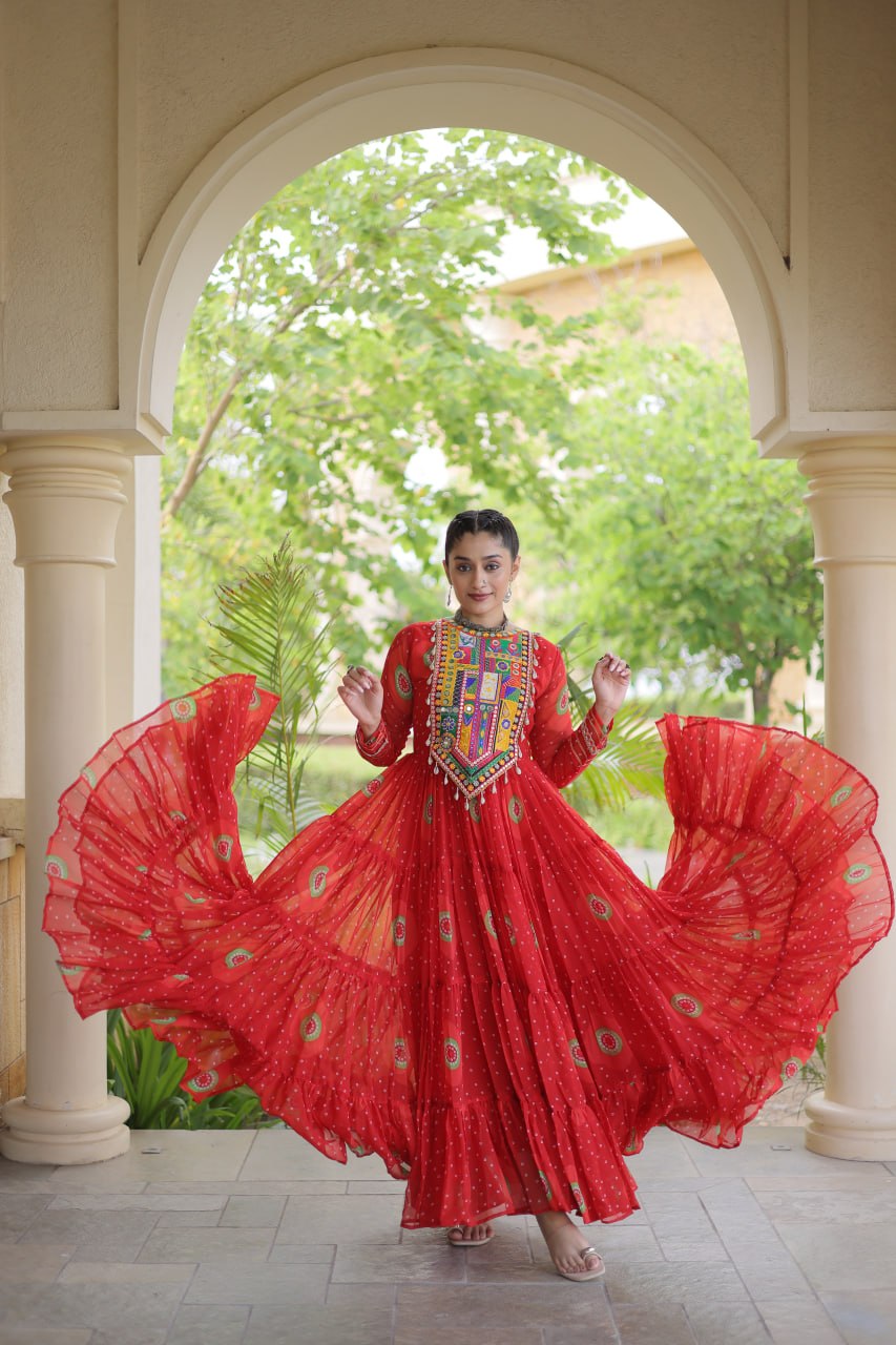 Festive Wear Faux Georgette Bandhani Print Kutchi Patchwork Gown
