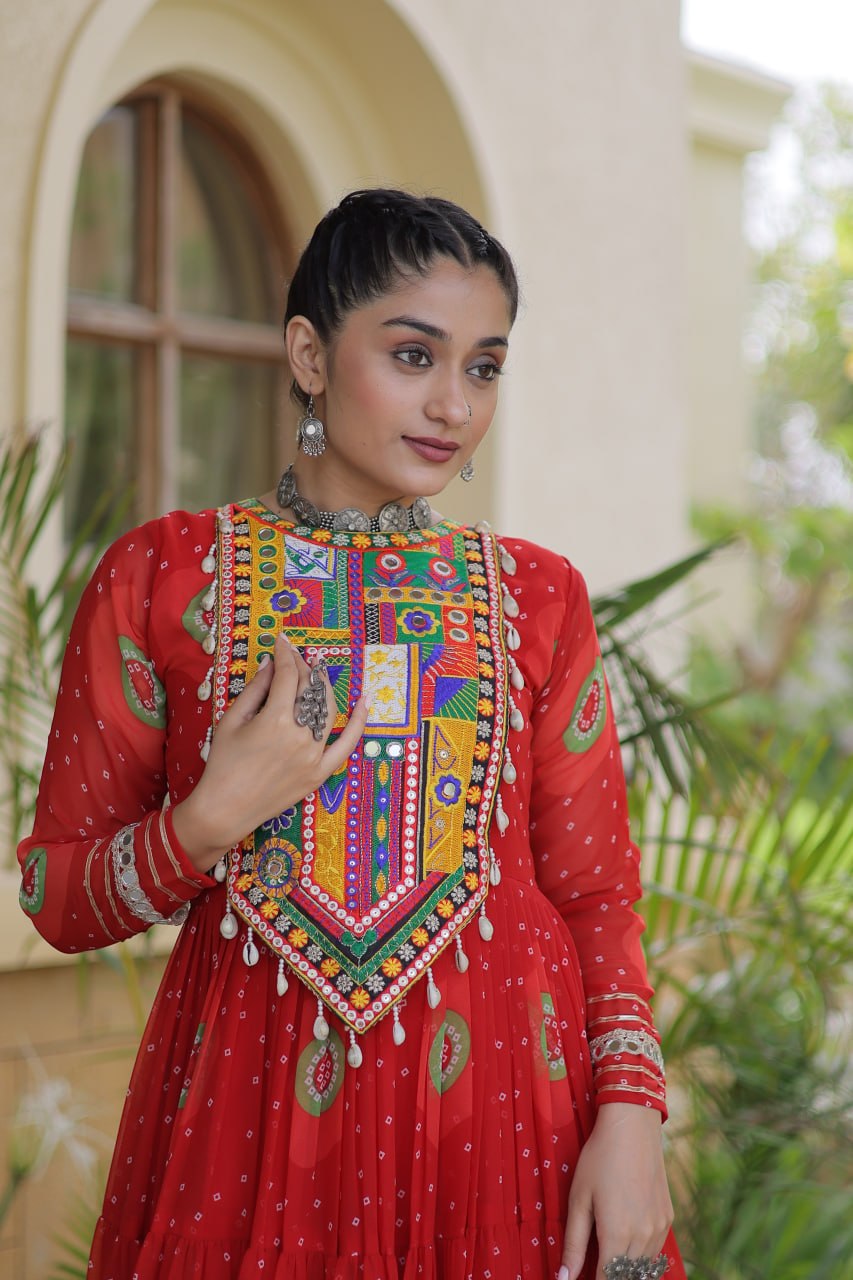 Festive Wear Faux Georgette Bandhani Print Kutchi Patchwork Gown
