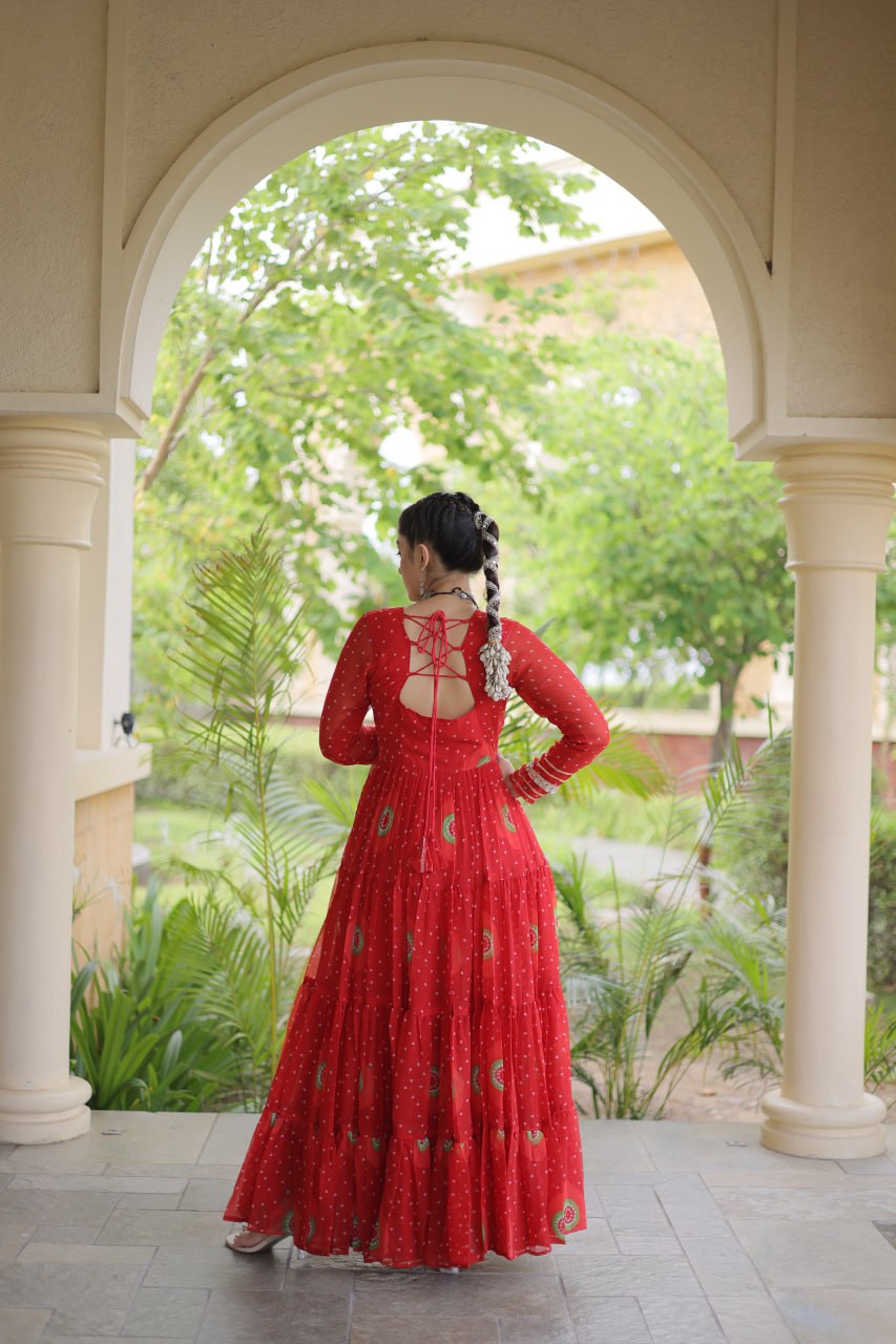 Festive Wear Faux Georgette Bandhani Print Kutchi Patchwork Gown
