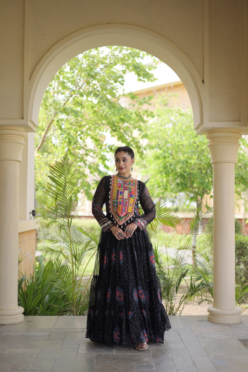 Festive Wear Faux Georgette Bandhani Print Kutchi Patchwork Gown
