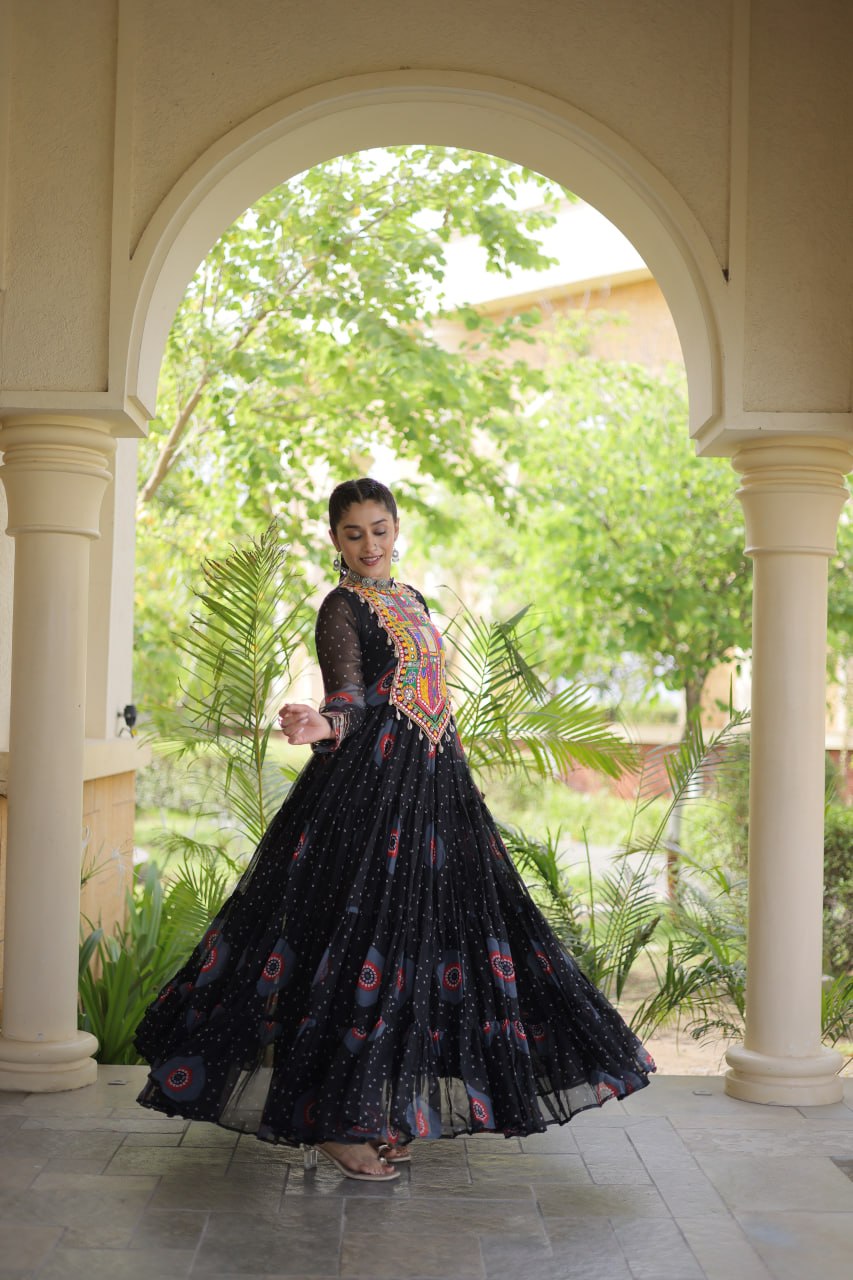 Festive Wear Faux Georgette Bandhani Print Kutchi Patchwork Gown
