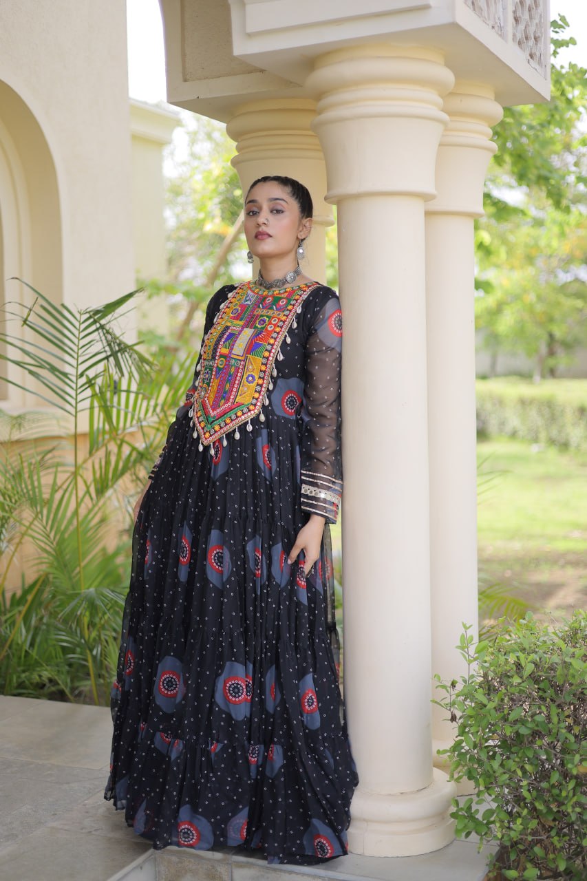 Festive Wear Faux Georgette Bandhani Print Kutchi Patchwork Gown

