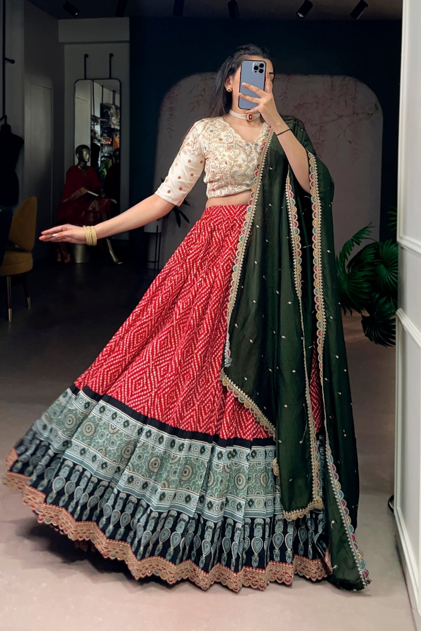 Bandhej Ajrakh Printed Lehenga Choli With Dupatta