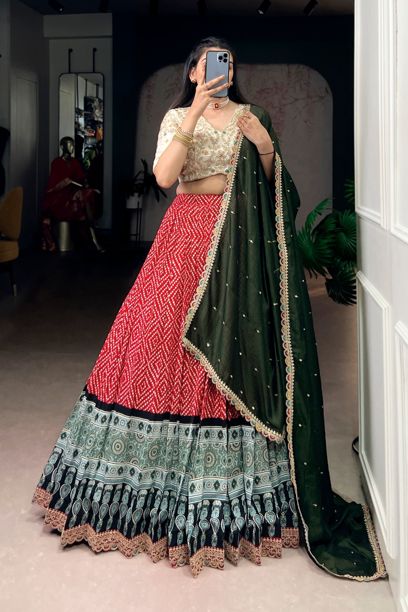 Bandhej Ajrakh Printed Lehenga Choli With Dupatta