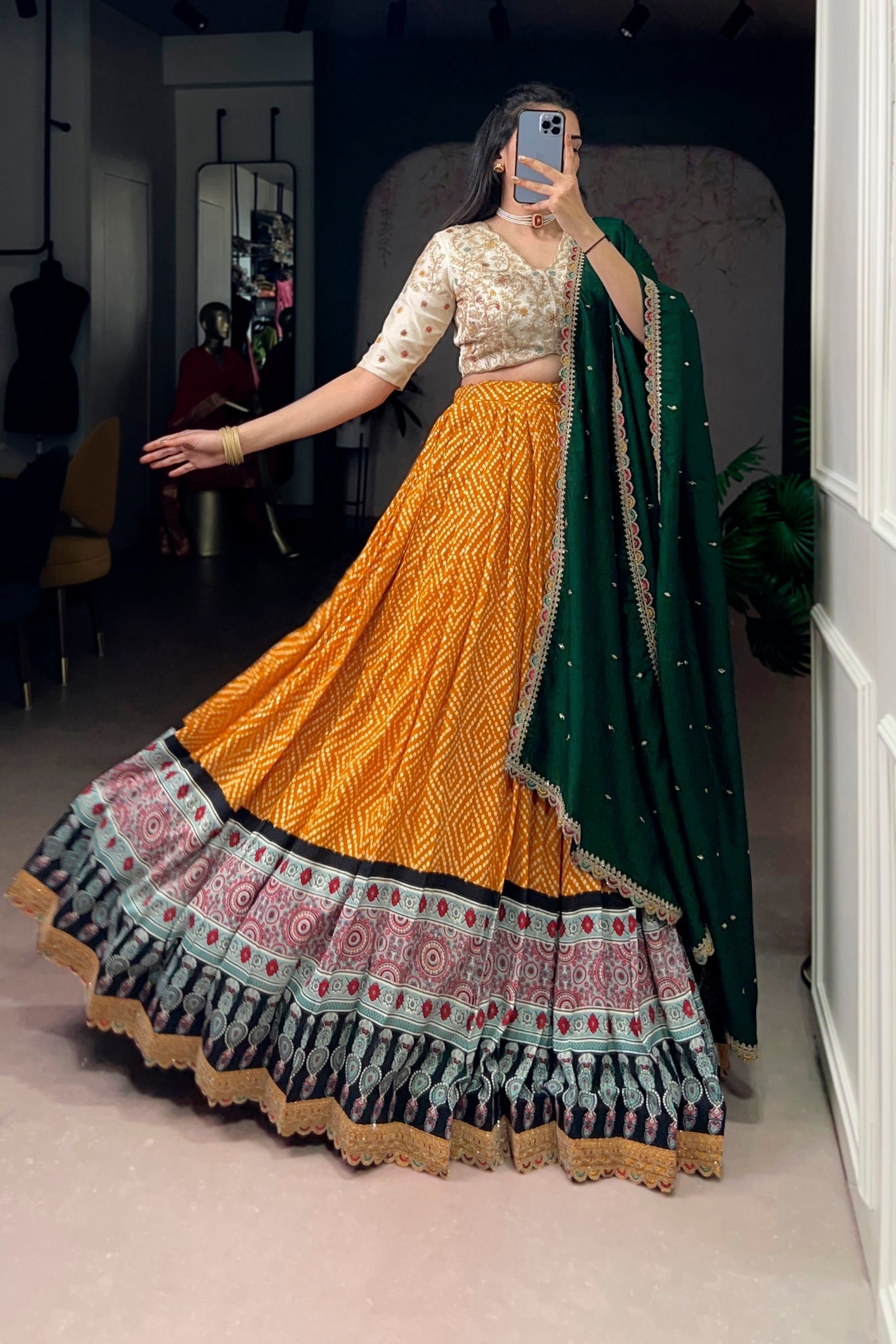 Bandhej Ajrakh Printed Lehenga Choli With Dupatta