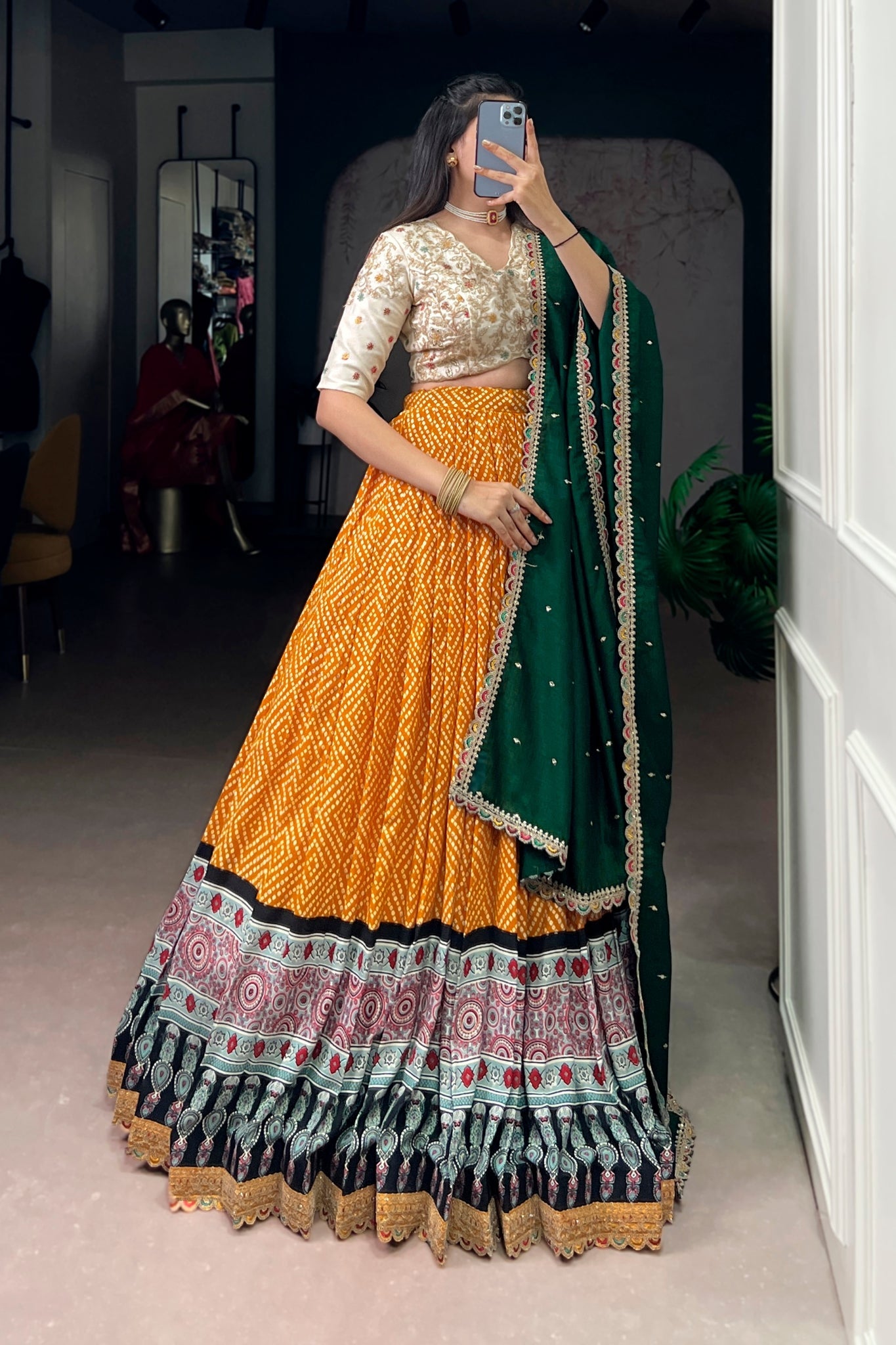 Bandhej Ajrakh Printed Lehenga Choli With Dupatta